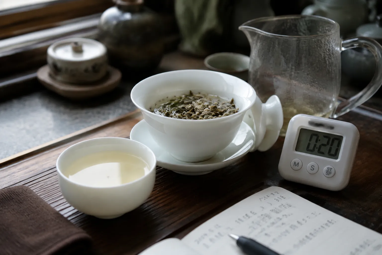 A white tea brewing setup with a timer beside pale liquor and loose leaves, focused on shortening the next infusion.