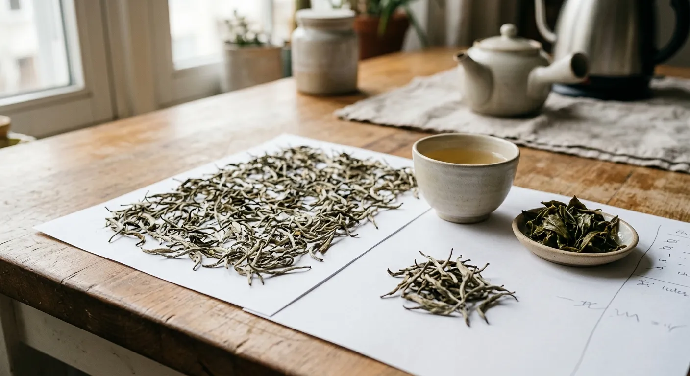 A small white tea sample spread on plain paper beside a cup, showing dry leaves ready for visual and aroma inspection