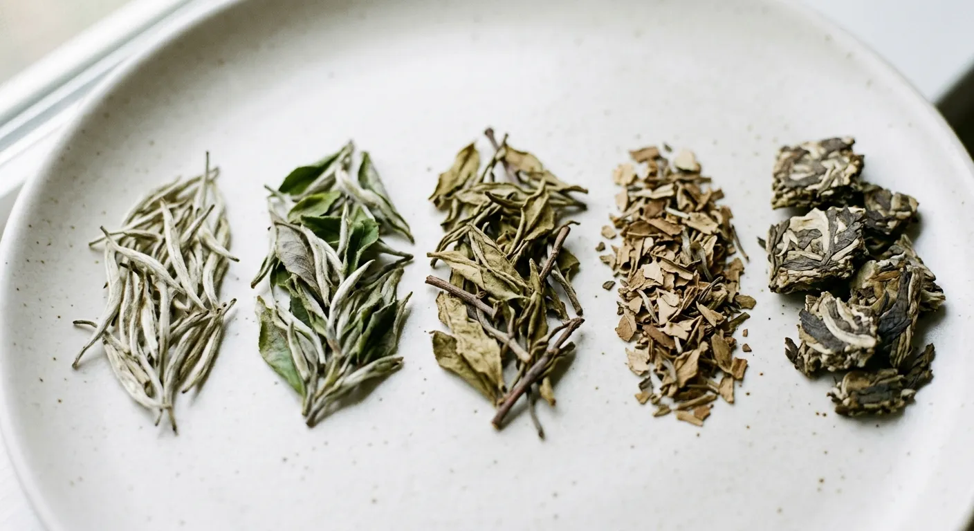 A comparison of white tea dry leaves showing pale buds, olive leaves, small stems, downy hairs, and darker pressed fragments