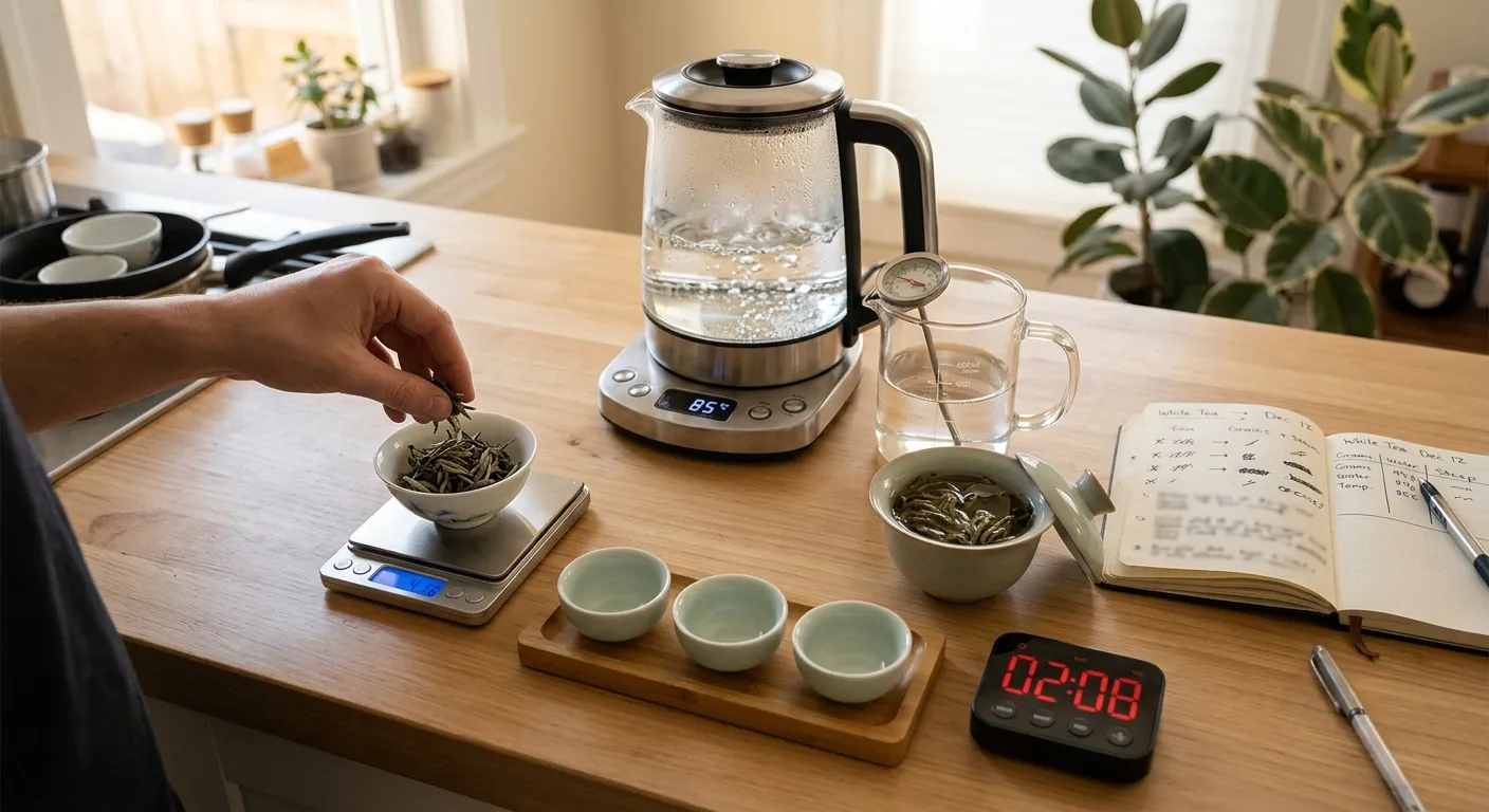 Measured white tea leaves with brewing variables that affect caffeine in the cup