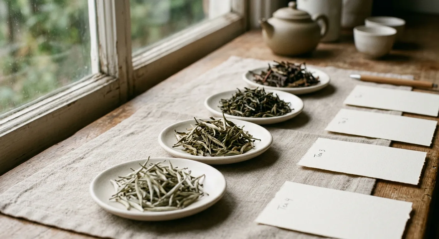 Bud-heavy Silver Needle beside leafier white tea samples for caffeine comparison