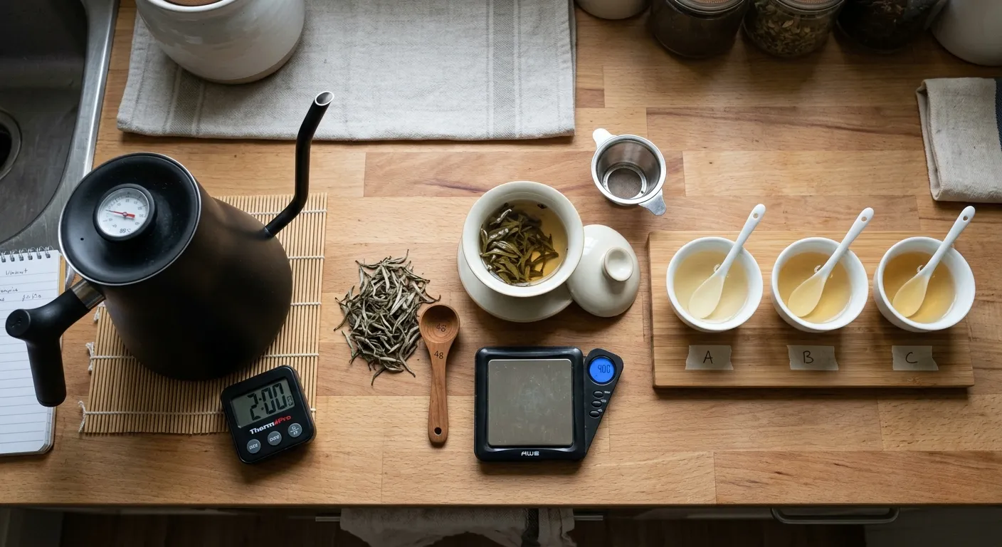 White tea brewing variables shown through leaf amount, water, vessel, and repeated infusions.