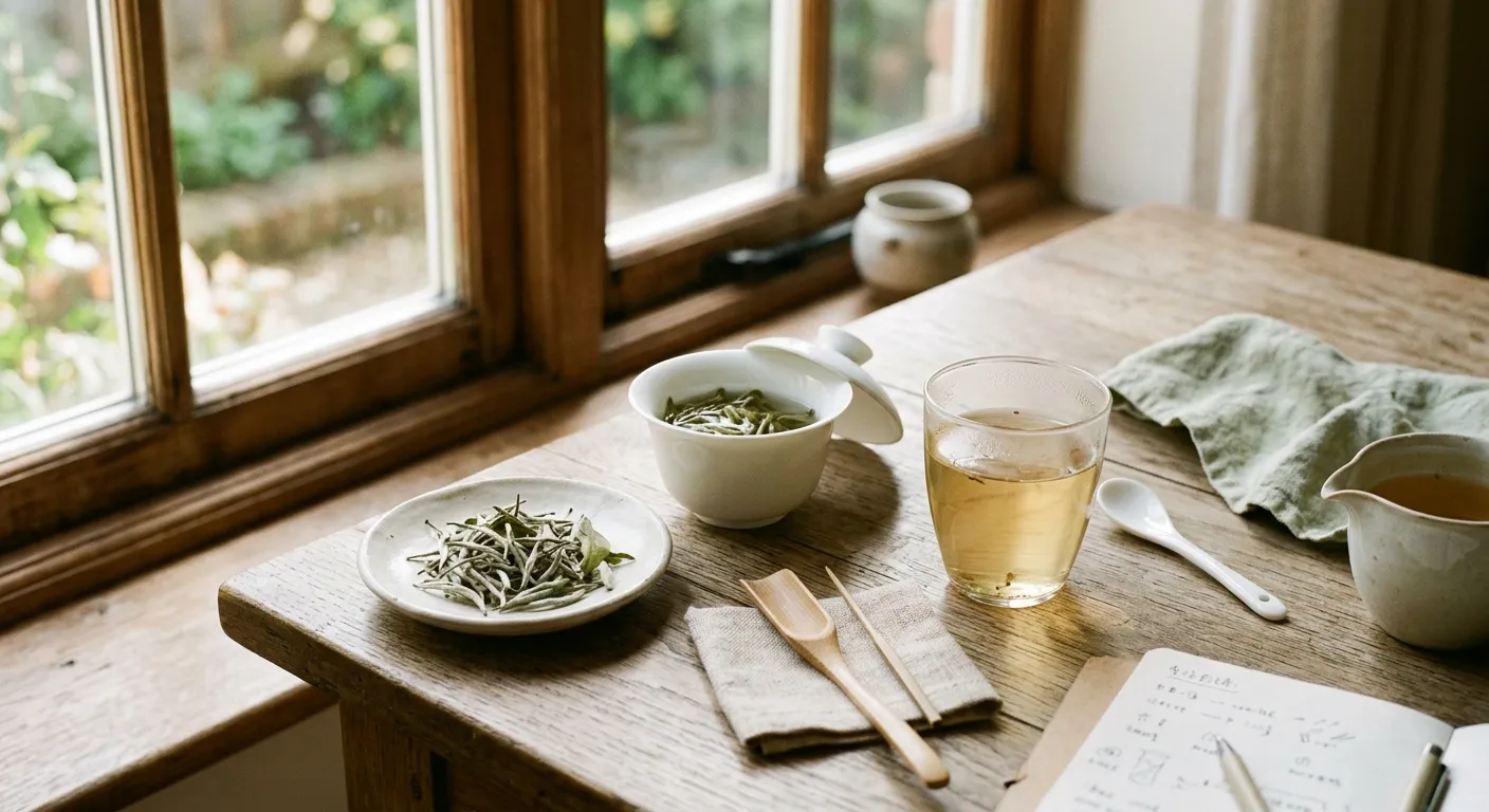 White tea dry leaves, brewed liquor, and a small tasting setup showing the basic cues beginners should observe.
