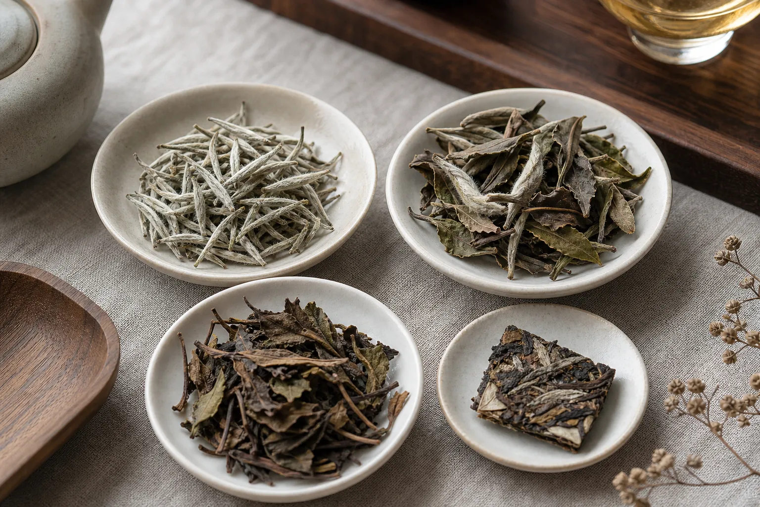 Silver Needle buds, White Peony leaf and bud sets, and larger Gongmei or Shoumei leaves prepared for brewing comparison