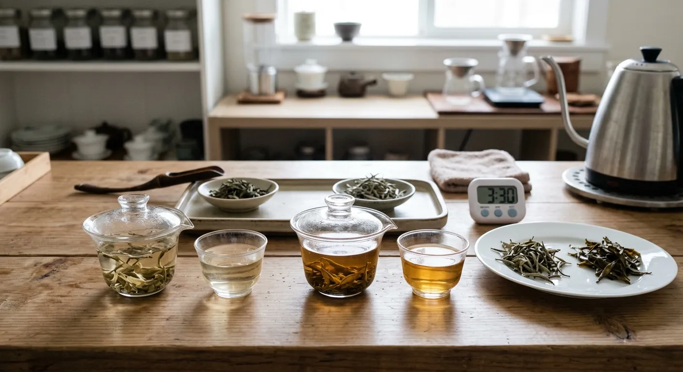 White tea samples brewed side by side to compare pale and darker infusions