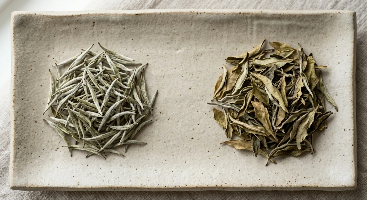 Dry white tea buds beside broader white tea leaves for visual comparison