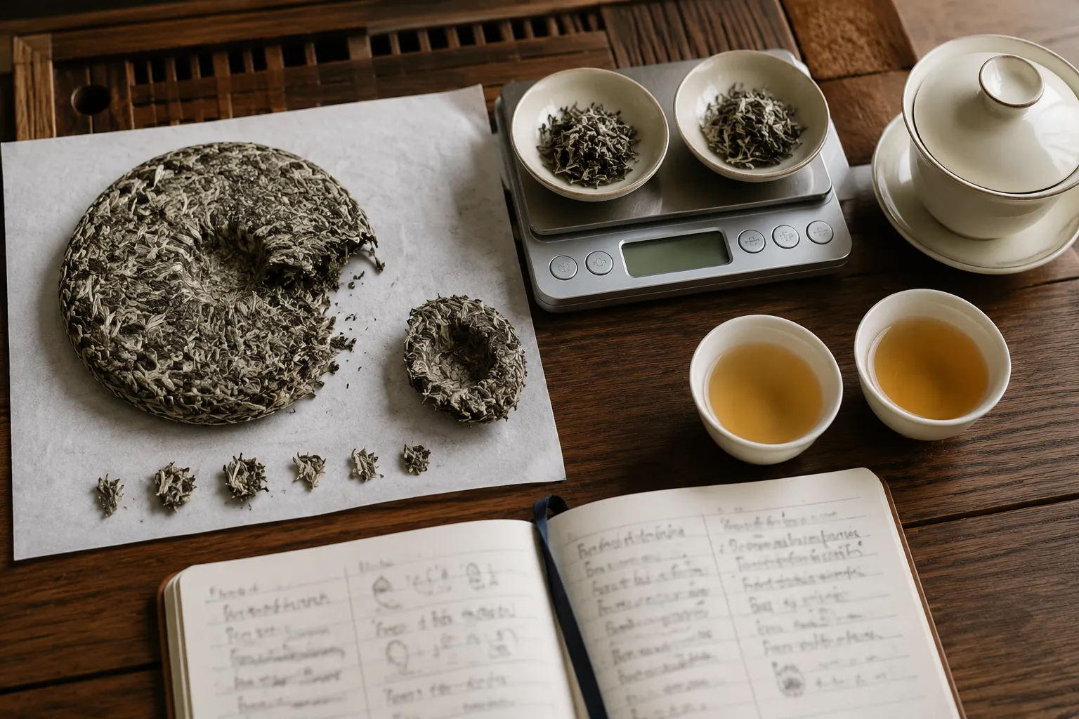 Small white tea cake samples from edge and center with loose leaf portions ready for measured brewing