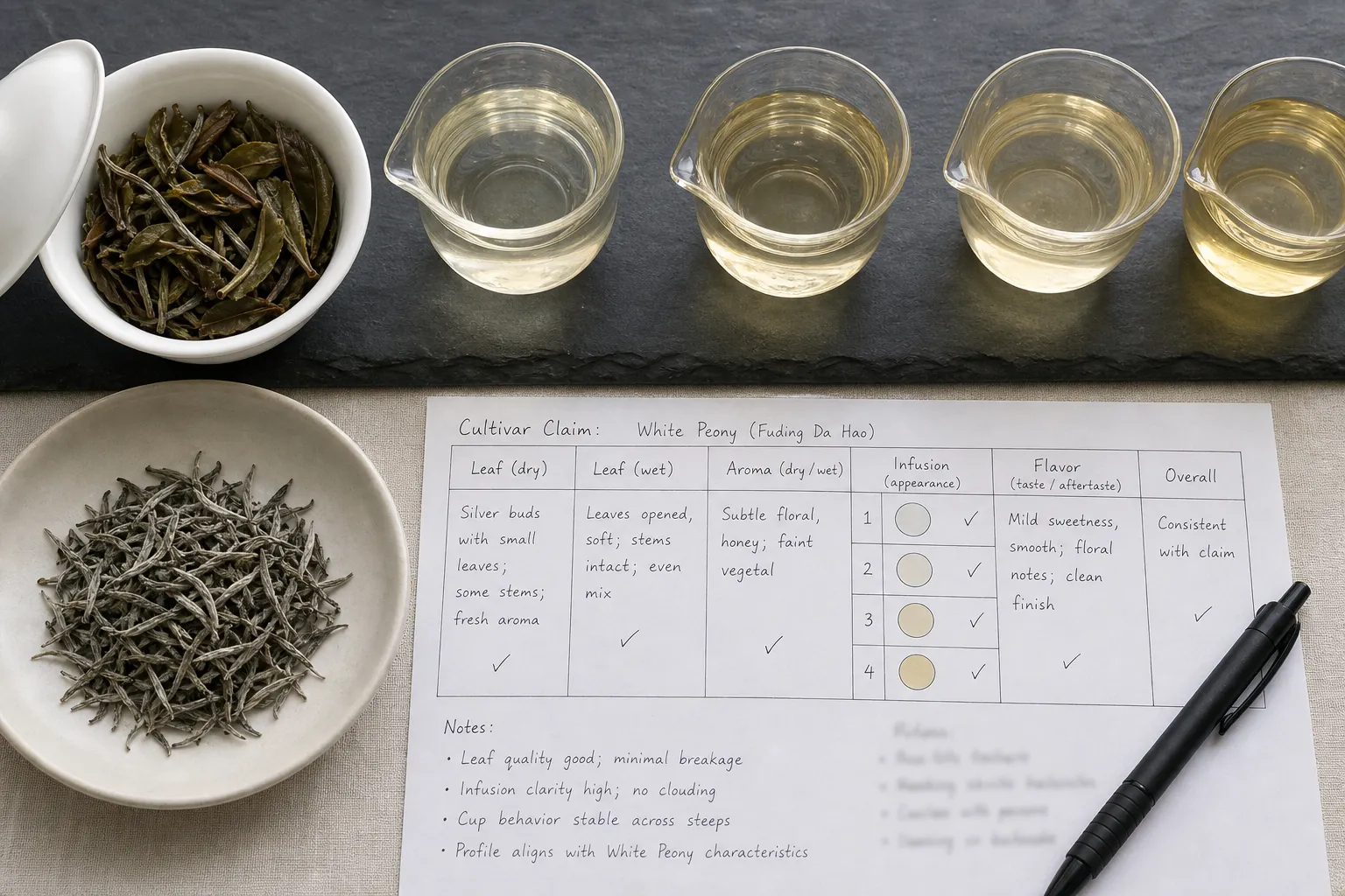 Dry white tea leaves, wet leaves, and brewing notes used to compare a cultivar claim with observable clues