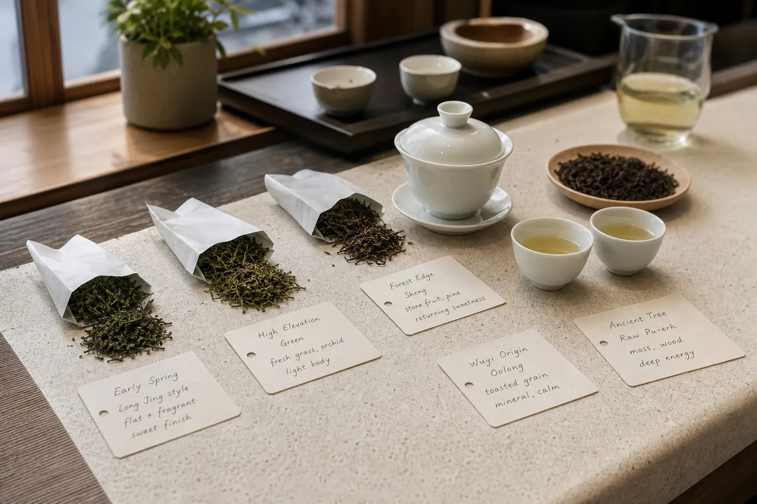 White tea samples with labels, dry leaves, and tasting cups arranged for cautious origin comparison