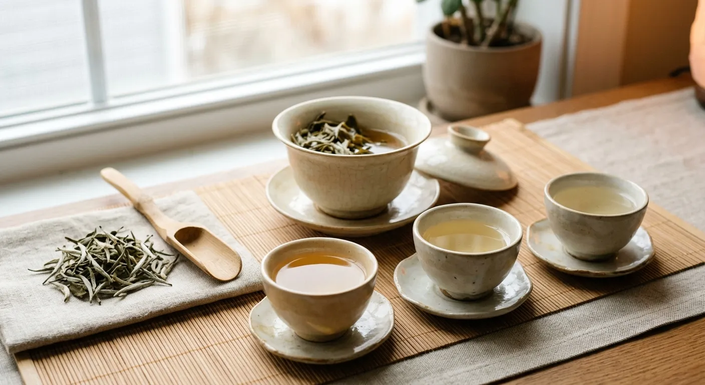 First drinkable white tea infusion beside dry leaves and later cups