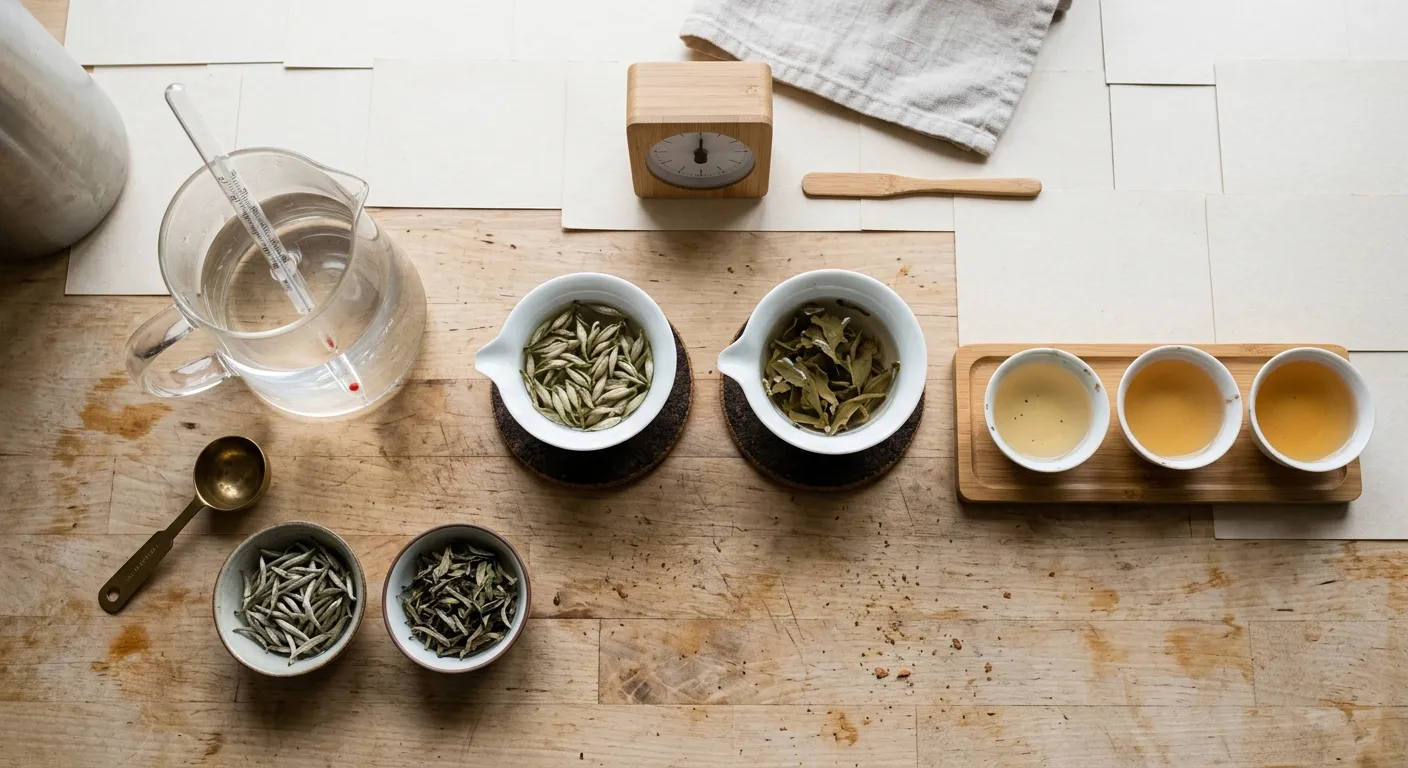 White tea leaves, small vessel, water, and multiple cups showing brewing variables