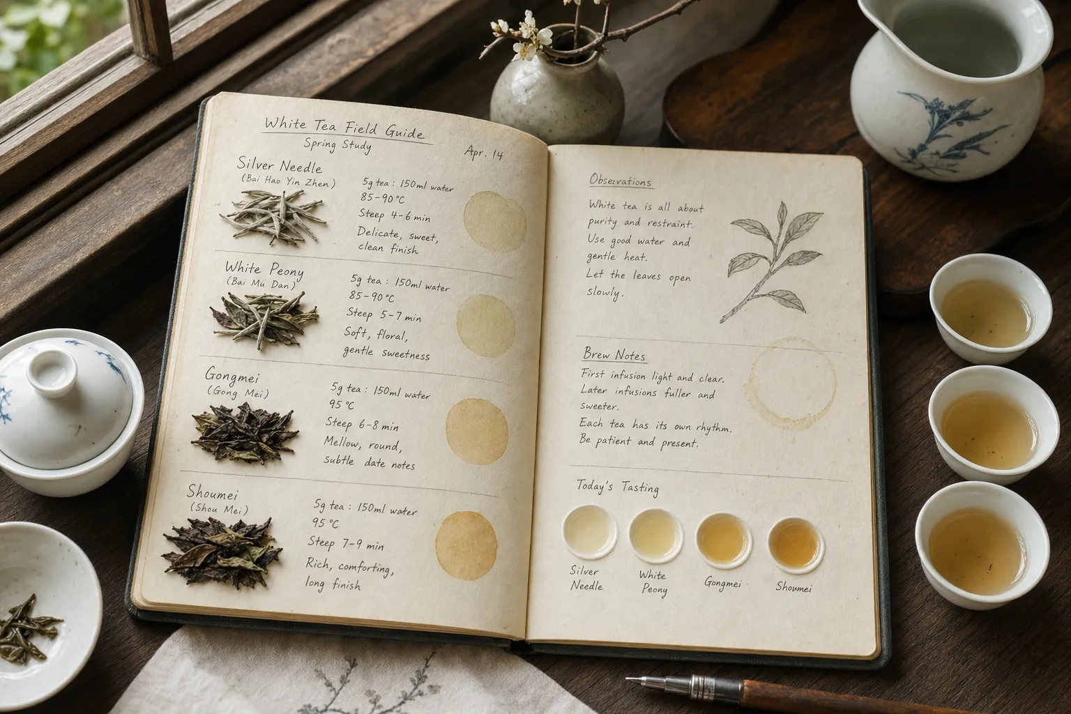 A white tea notebook map with small samples of Silver Needle, White Peony, Gongmei, and Shoumei beside brewing notes