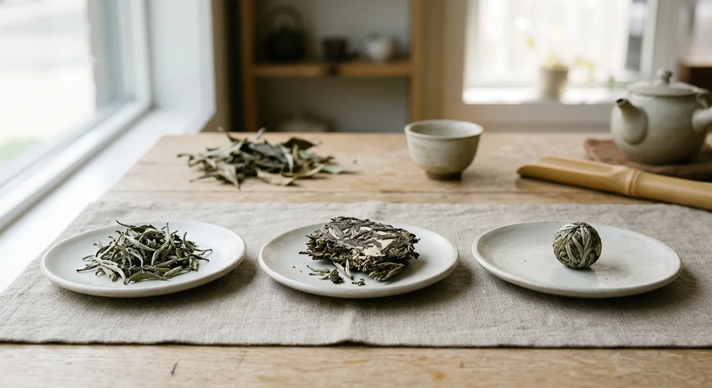 Loose white tea, a compressed white tea cake piece, and a small white tea ball shown side by side for form comparison