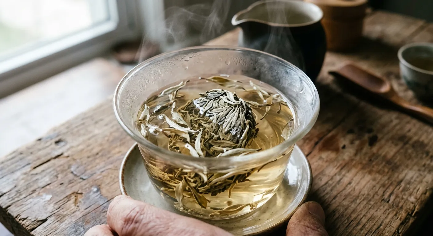 A compressed white tea piece opening in hot water with loosened leaves visible during brewing