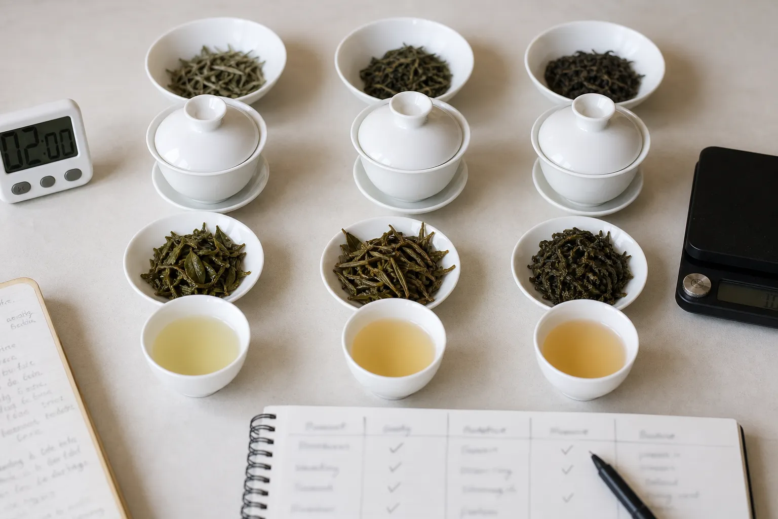 White tea samples compared beside notes on leaf grade processing description and brewed liquor behavior