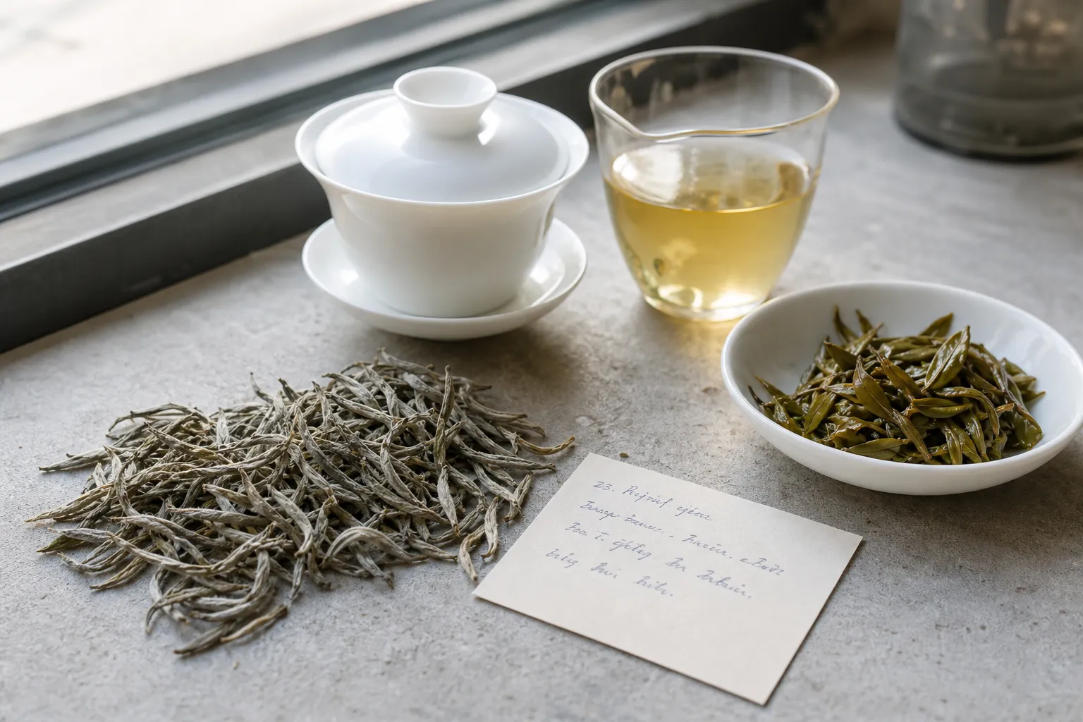 White tea leaves and brewed liquor arranged for comparing origin notes with processing clues