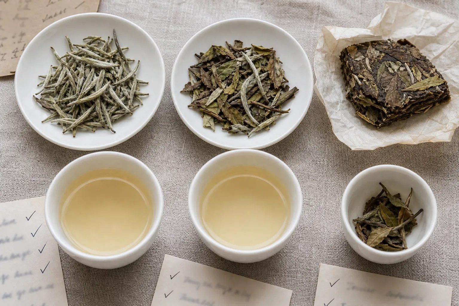 Close comparison of white tea buds, leaves, wrapper condition, and brewed cups used to check origin claims