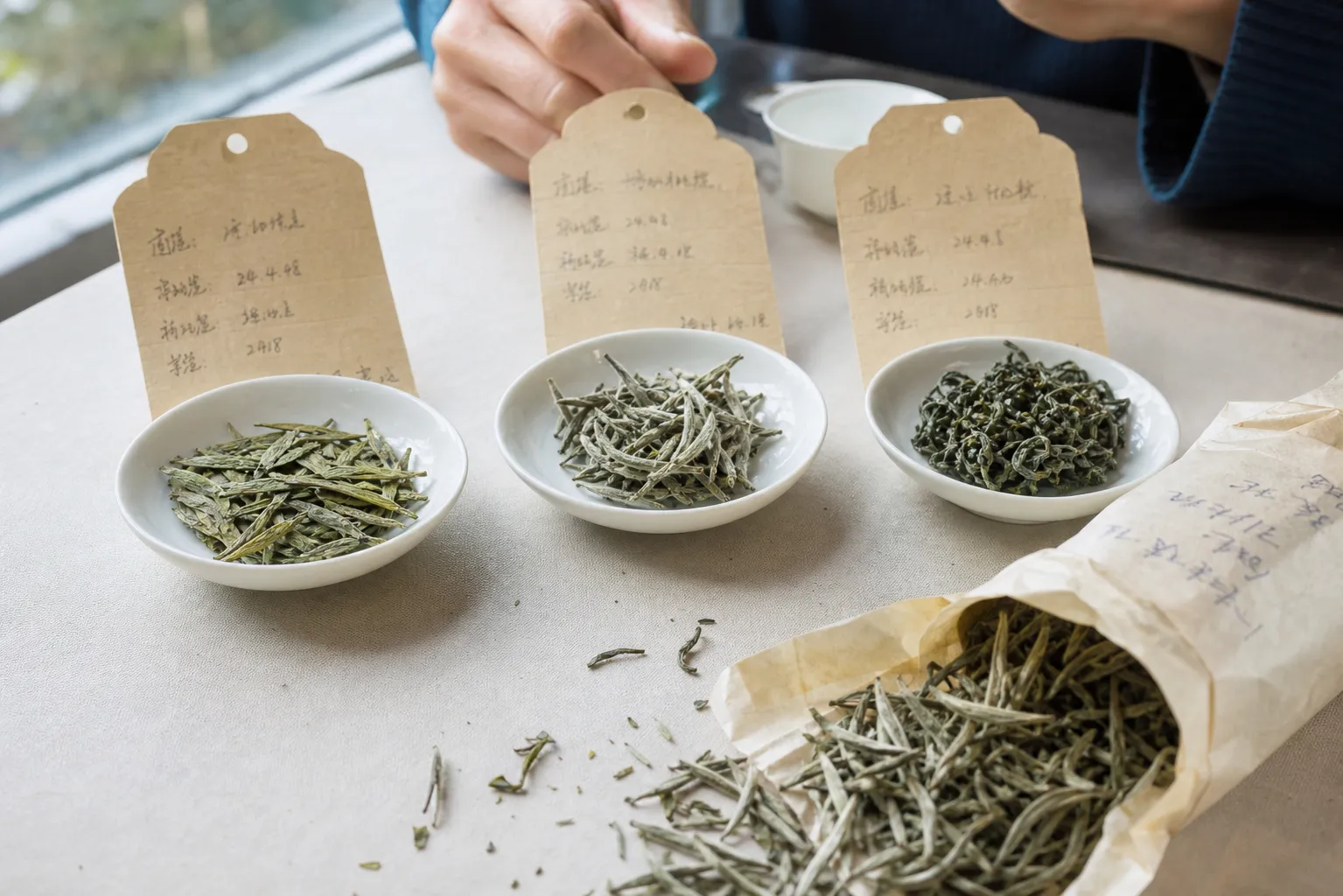 White tea samples with origin labels beside dry leaf evidence for comparing region, grade, and storage cues