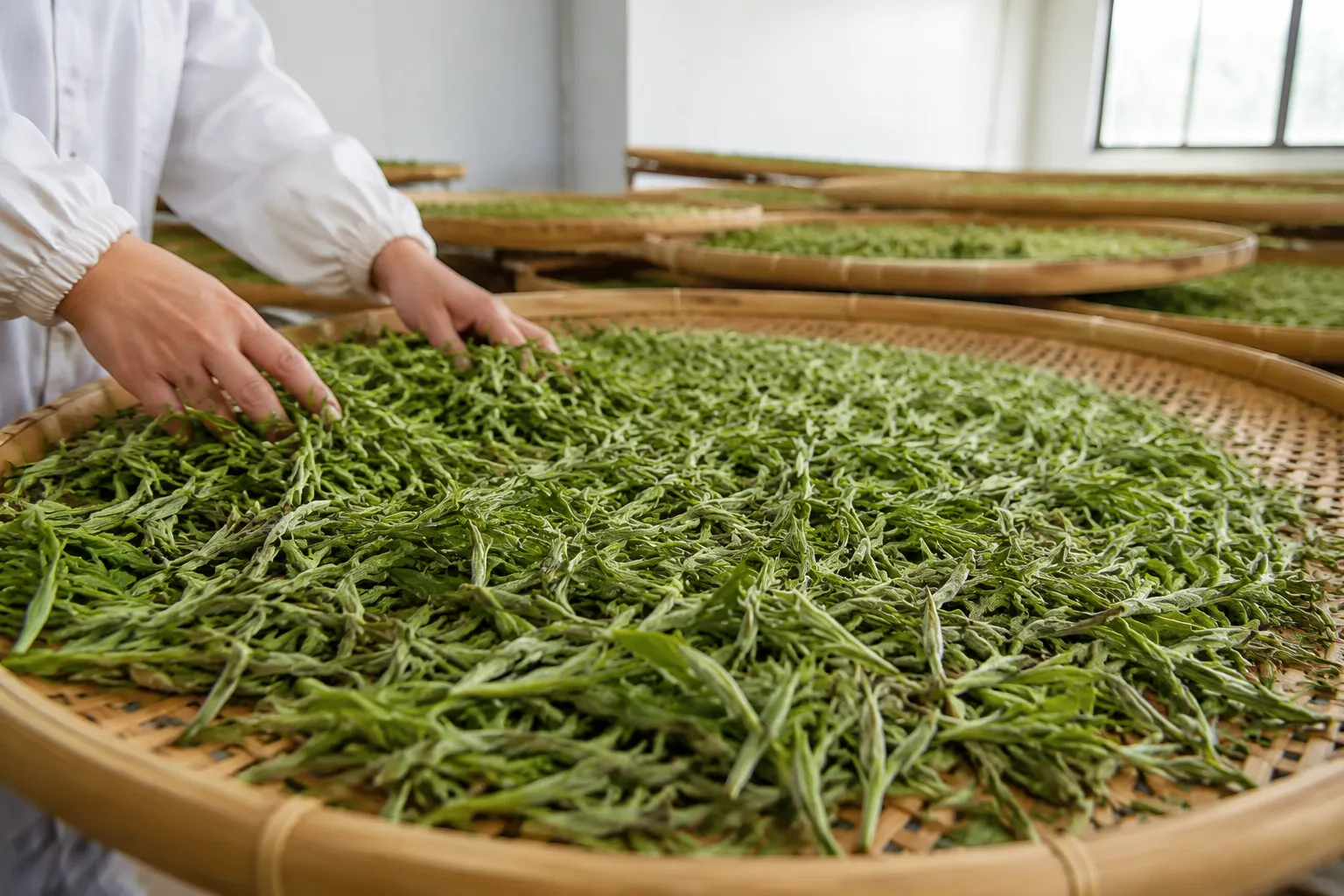 Fresh white tea buds and young leaves spread for withering before drying and sorting