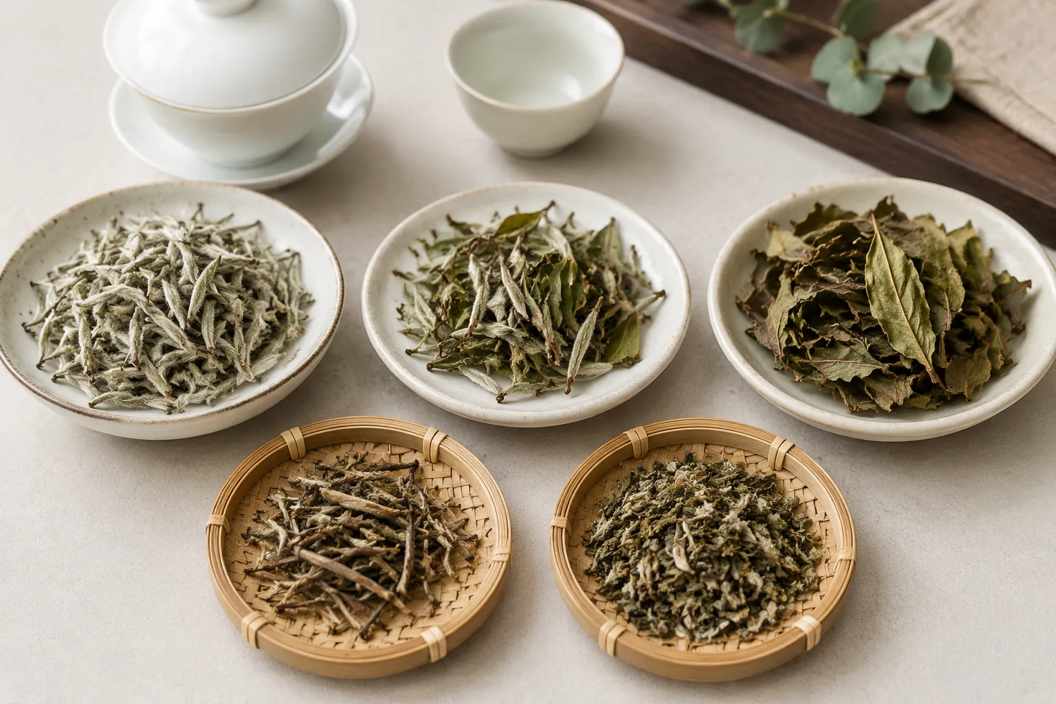 Sorted white tea material showing whole buds, open leaves, stems, and smaller fragments for comparison