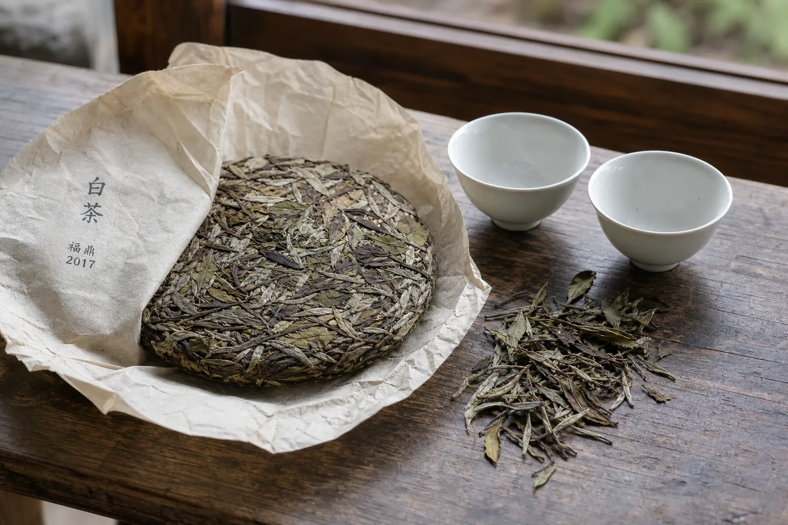 Aged white tea cake wrapper with a printed year beside dry leaf pieces and tasting cups