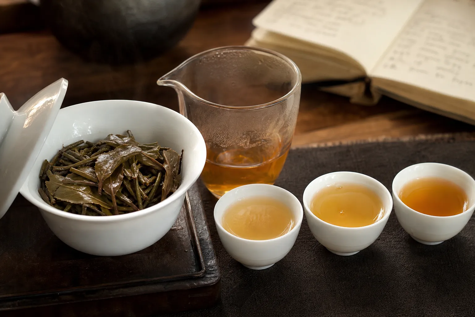 Aged white tea leaves after rinsing with several small cups showing infusion color changes