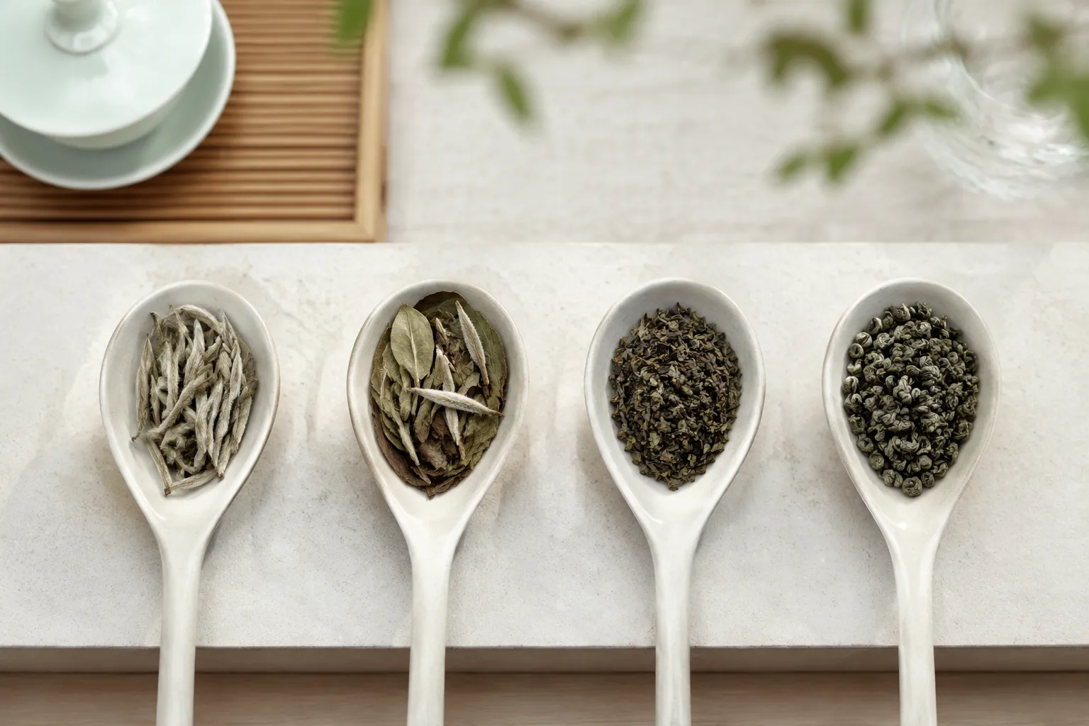 Different white tea leaf shapes showing why the same spoon can hold different weights