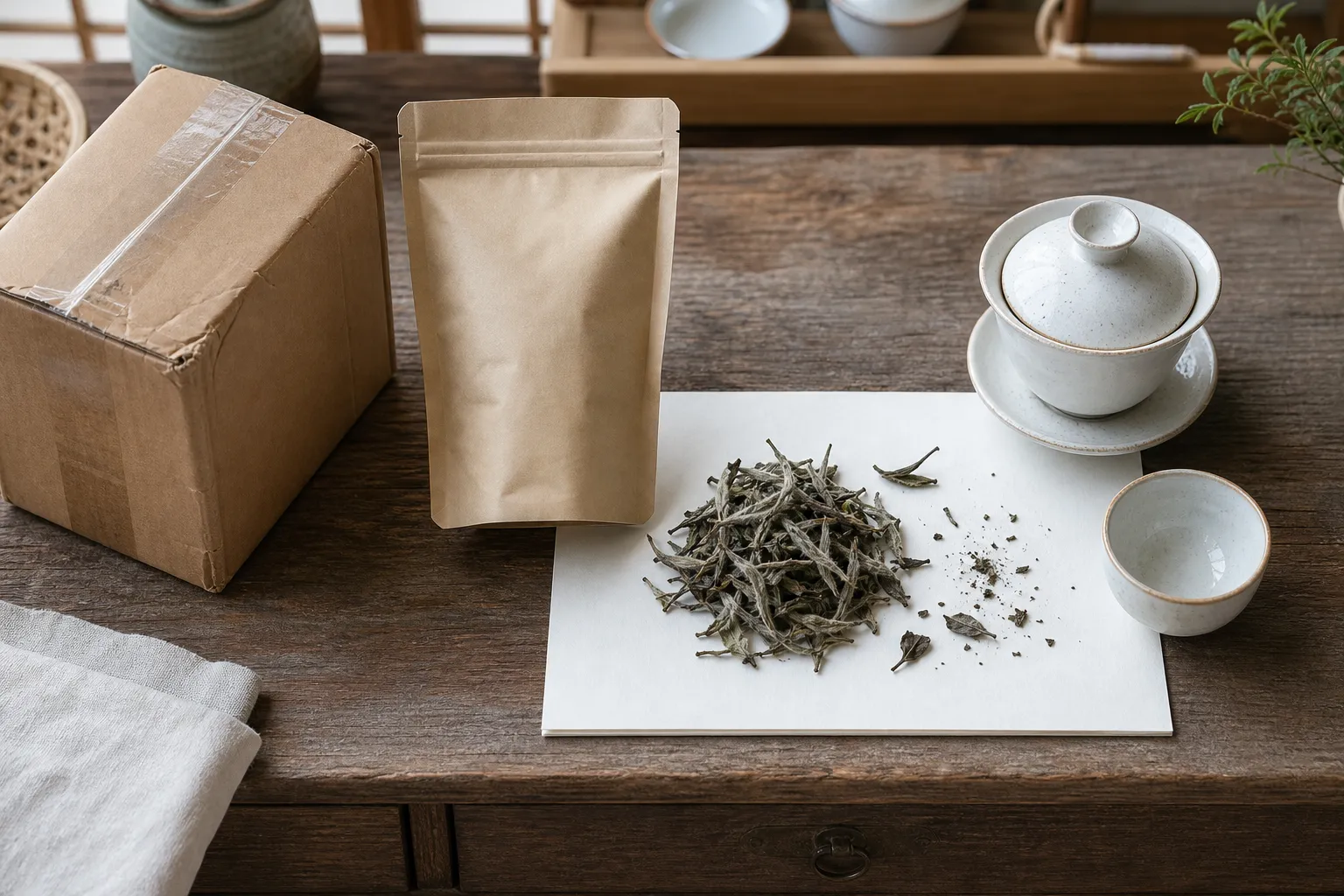 White tea arrival check with damaged parcel notes, sealed tea pouch, dry leaves, and gaiwan prepared for a simple first brew