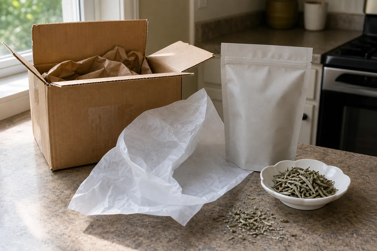 Opened white tea parcel with outer box, inner wrap, sealed pouch, and dry leaves ready for inspection