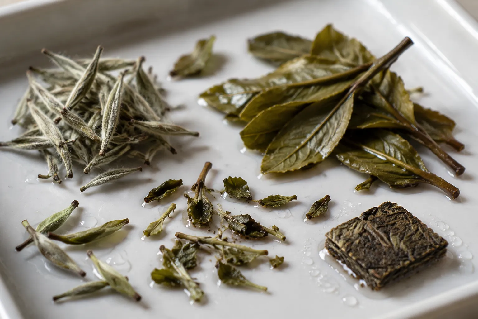 Close view of buds, open leaves, broken fragments, and pressed white tea pieces showing different wetting surfaces