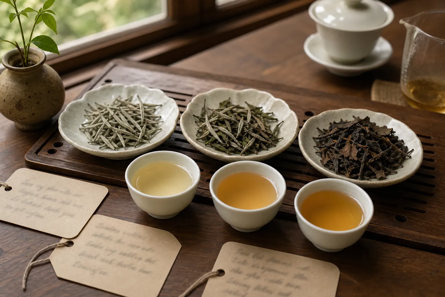 White tea samples arranged for comparing buds, leaves, infusion color, and brewing notes