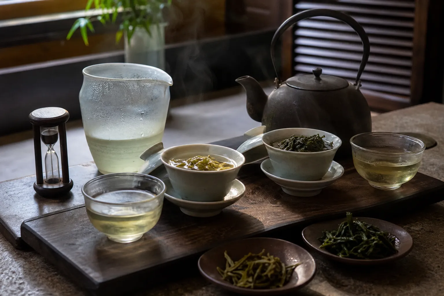 Separate cups of white tea and green tea used for a gentle side by side tasting