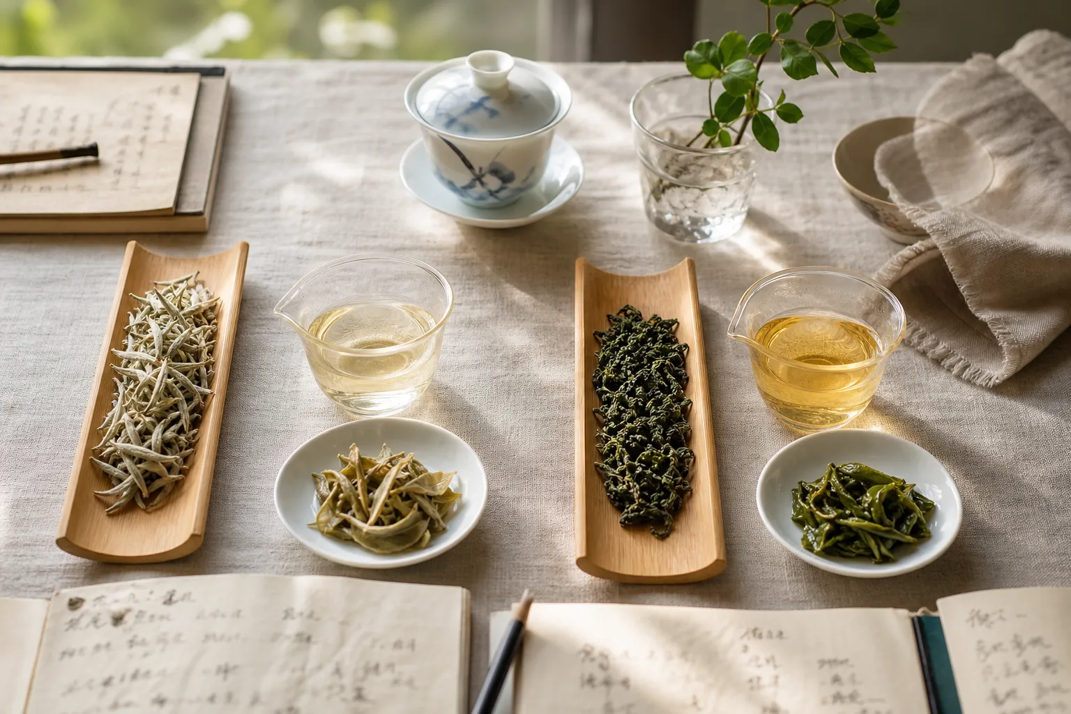 White tea and green tea samples compared by dry leaf, infusion color, and tasting cups