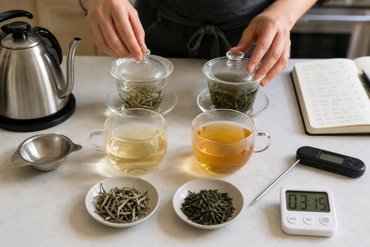 Two tea infusions being adjusted by time and leaf amount to compare white tea and green tea brewing response