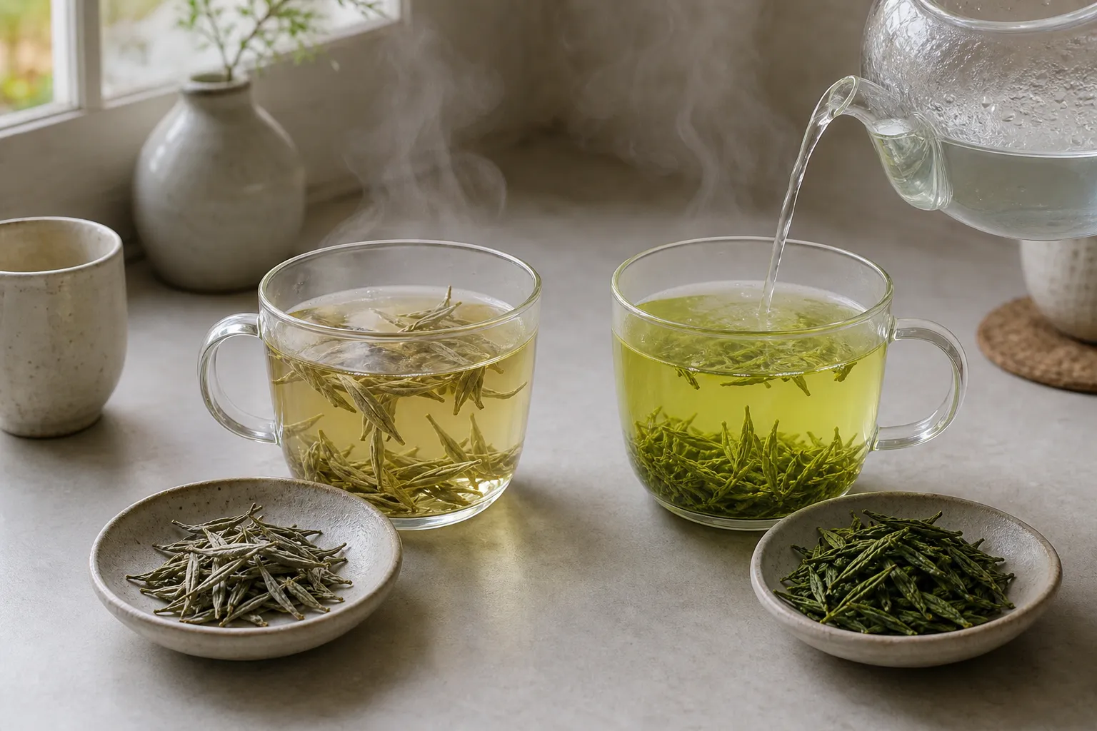 White tea and green tea brewed with the same water showing different leaf opening and cup color