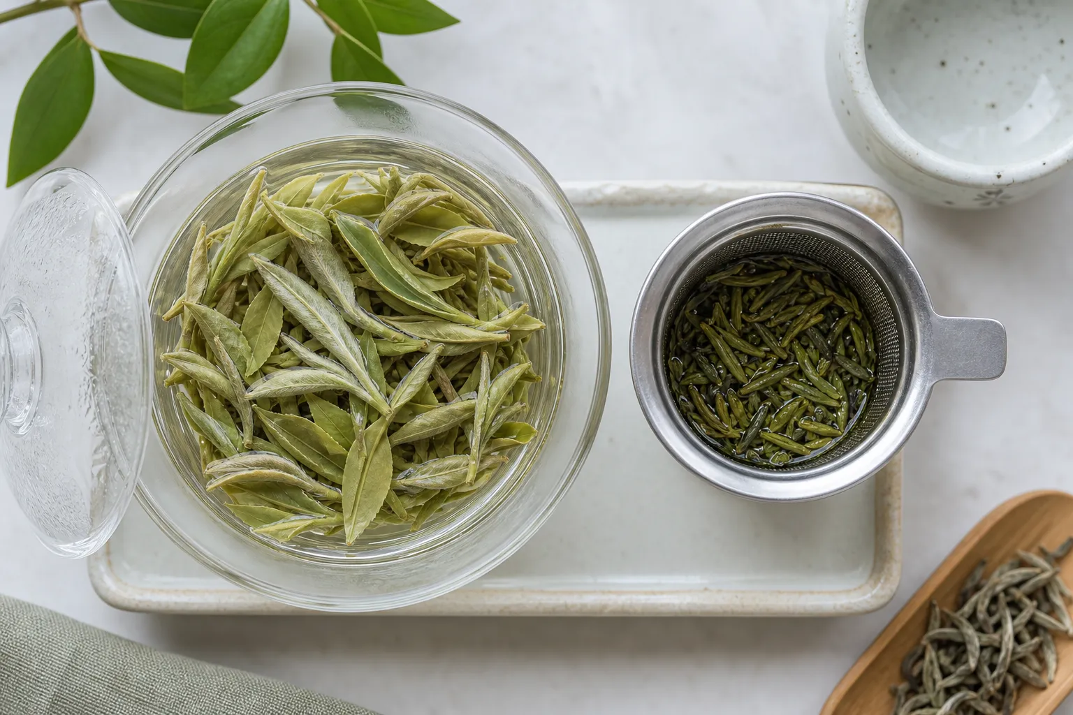 Large white tea leaves opening in a roomy vessel beside compact green tea leaves in a narrow infuser