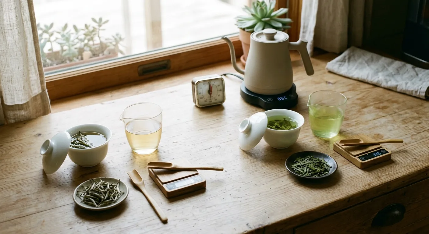 White tea and green tea samples compared by leaf amount, cup size, and brewed infusion strength