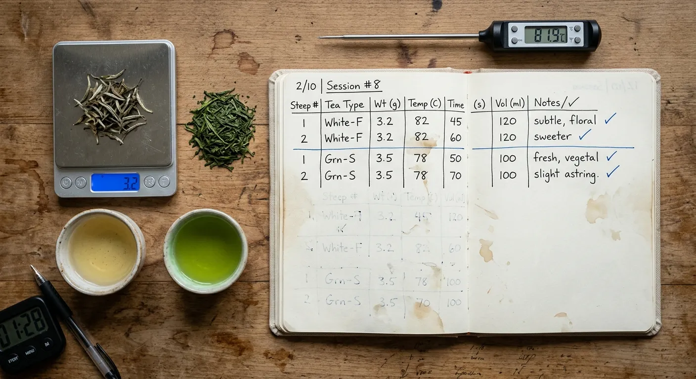 Measured white tea and green tea brewing notes showing leaf weight, steep time, water temperature, cup size, and infusions