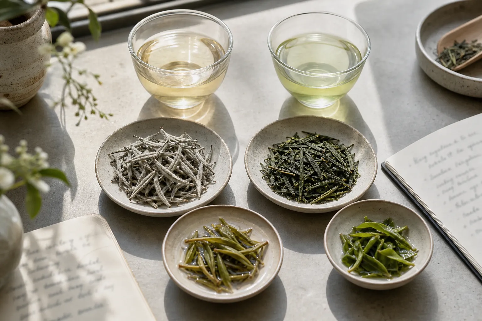 White tea and green tea dry leaves compared beside brewed cups for judging aroma, color, and leaf style