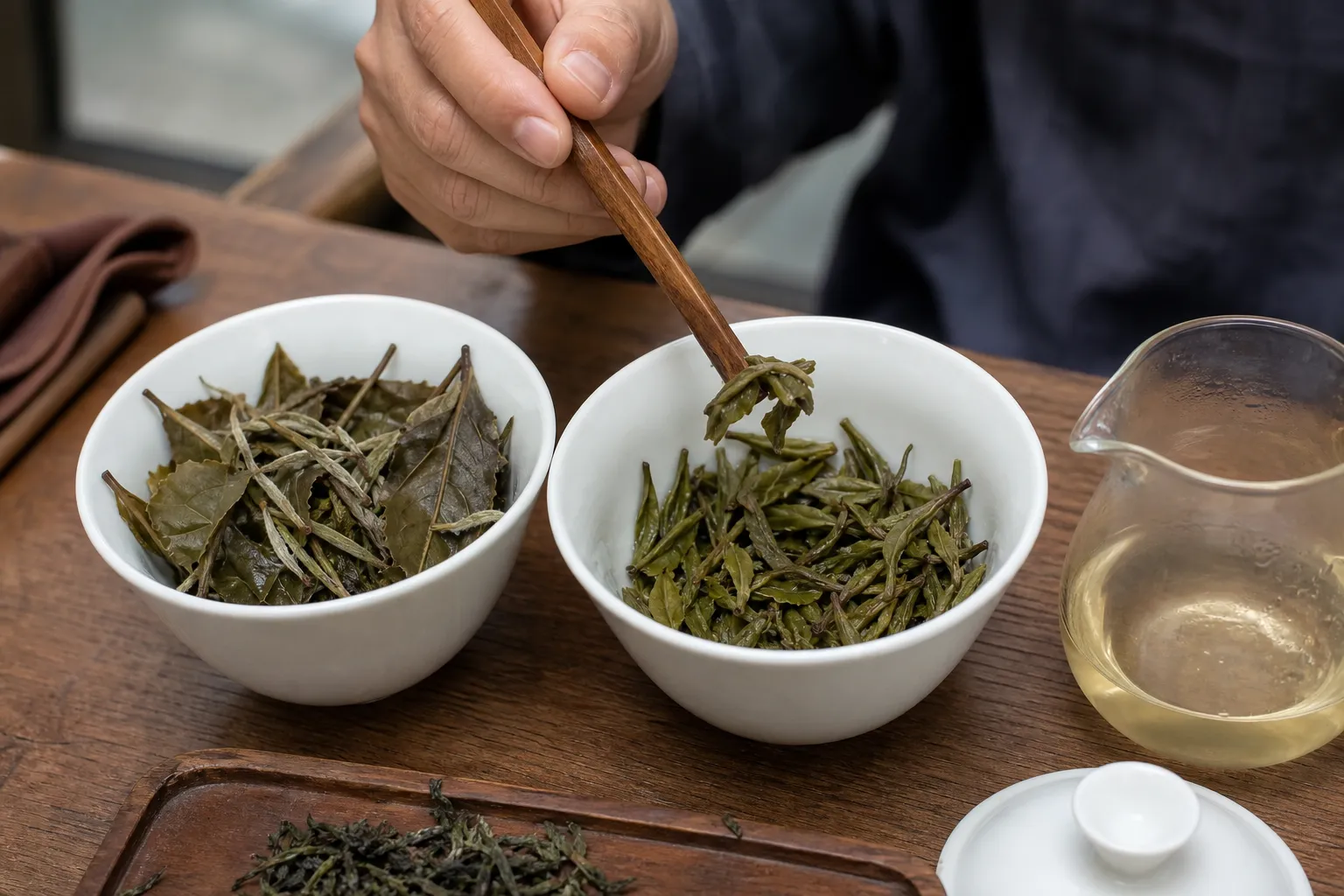 Infused white tea and green tea leaves opened in plain vessels for checking buds, leaf size, and wet leaf color