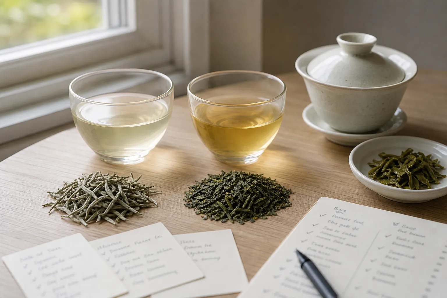 White tea and green tea samples compared by dry leaf, liquor color, and brewing notes
