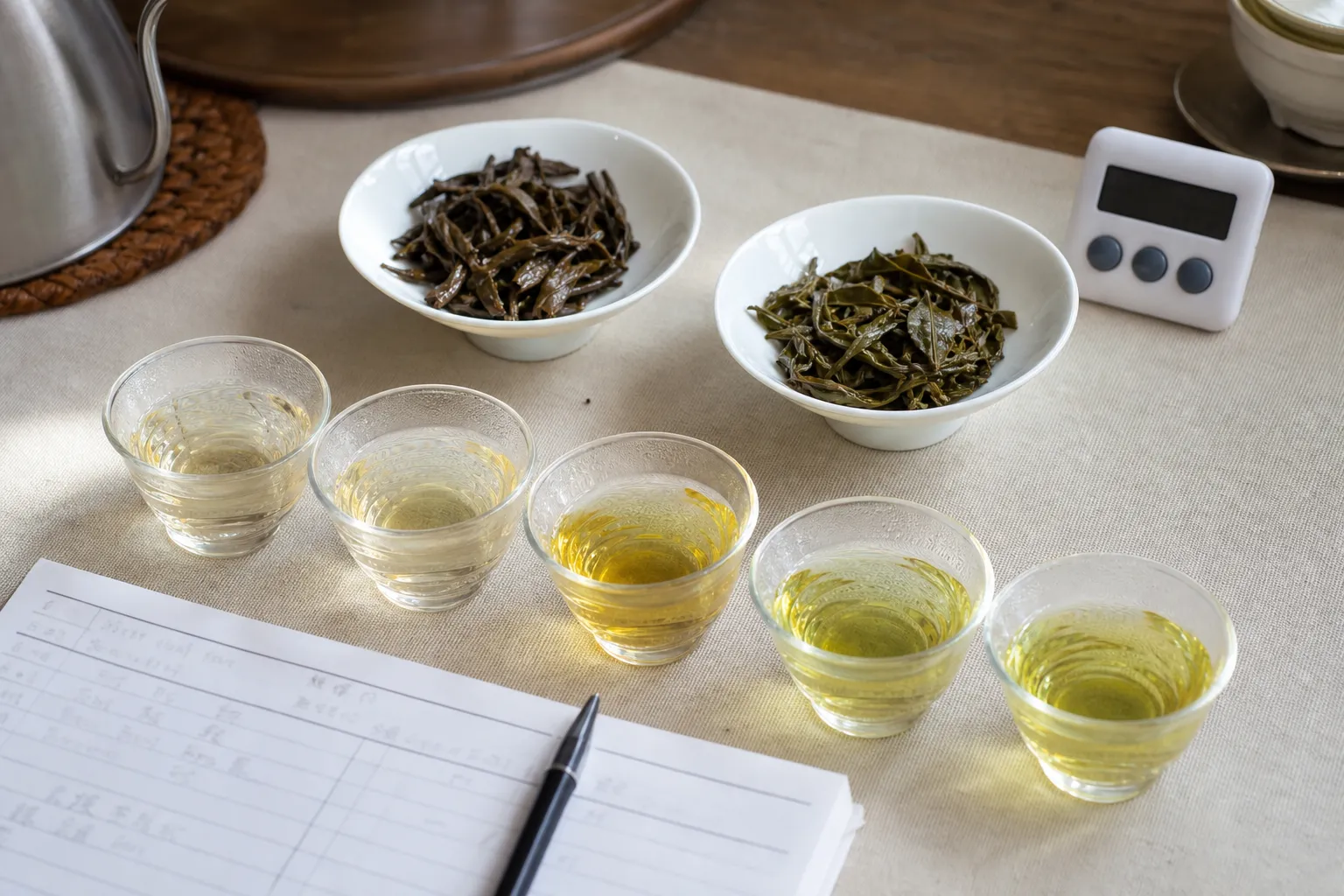 Multiple tea infusions compared to show how aroma, texture, and color can change over several steeps