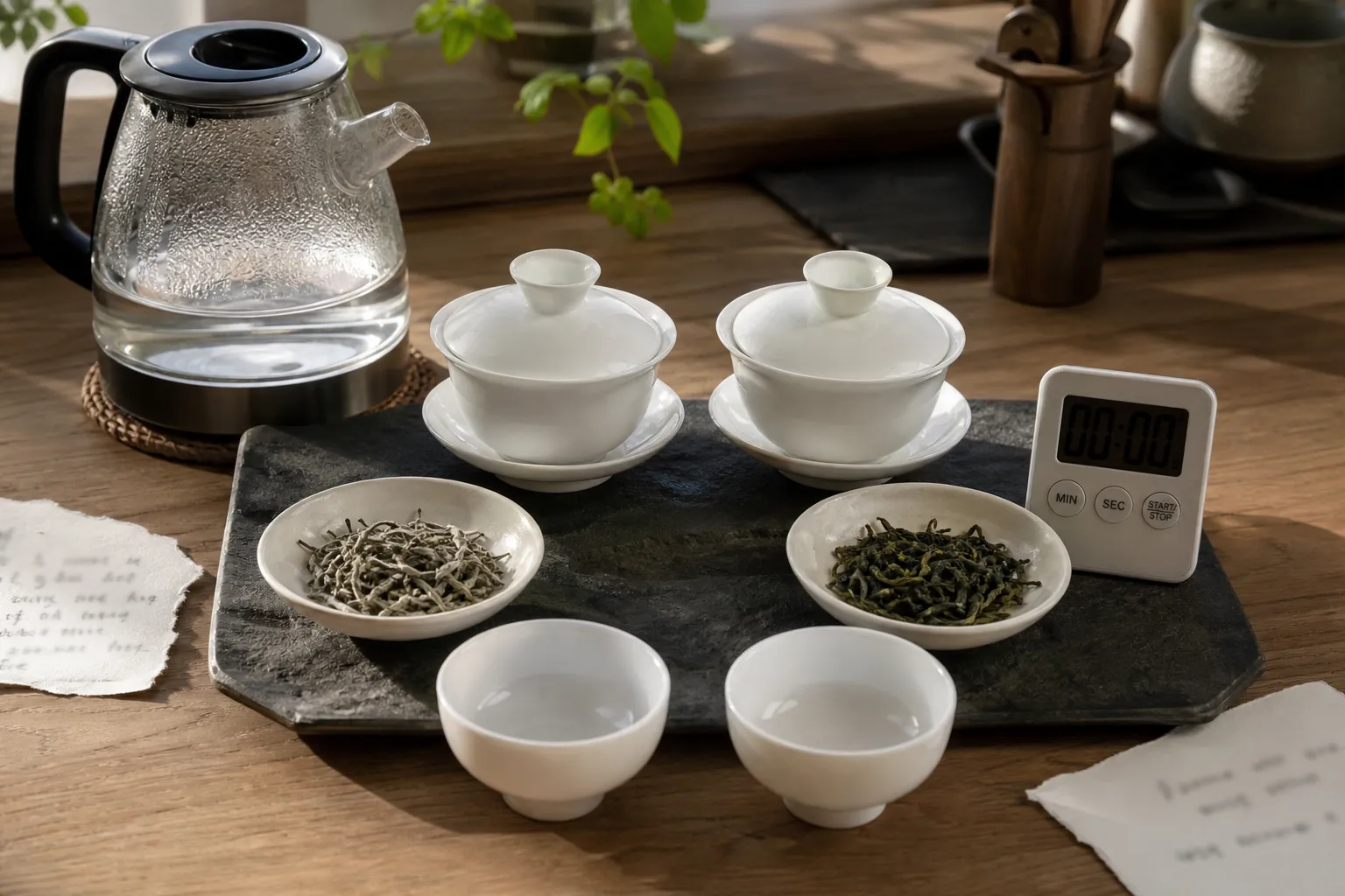 Measured white tea and green tea leaves prepared for a consistent tasting comparison