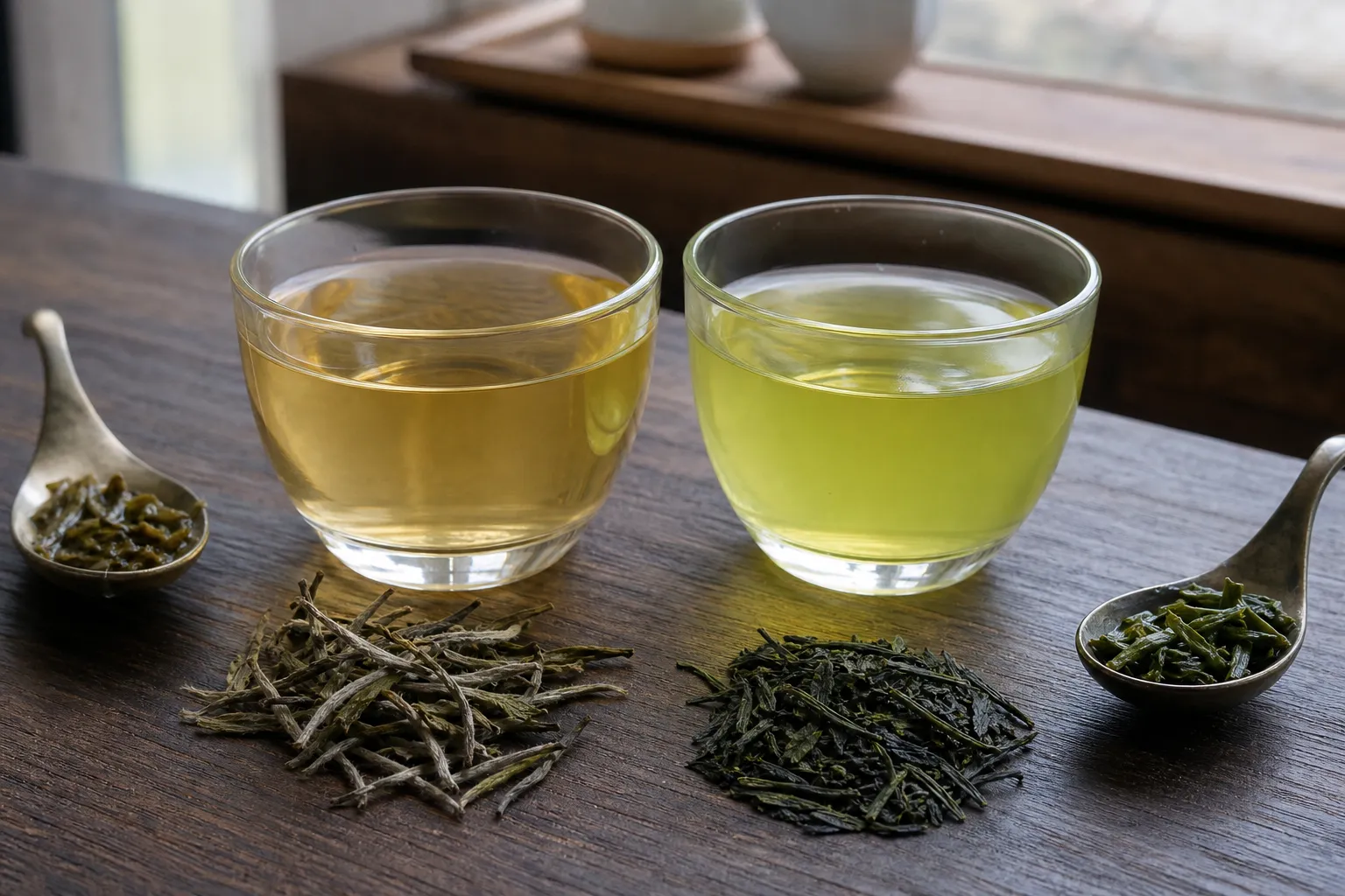 Side-by-side cups of white tea and green tea compared by aroma, body, sharpness, and finish