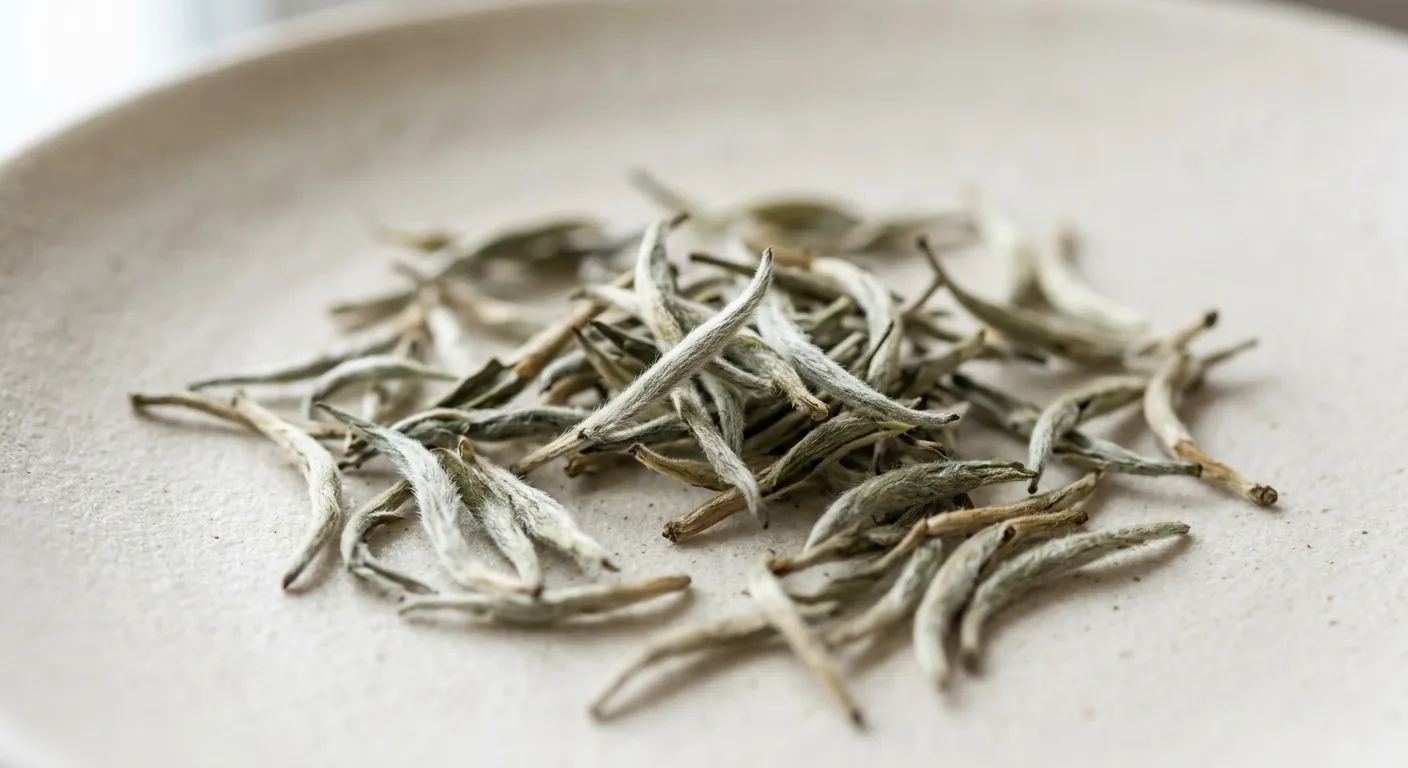 Dry white tea buds with pale silvery hairs that explain the name white tea