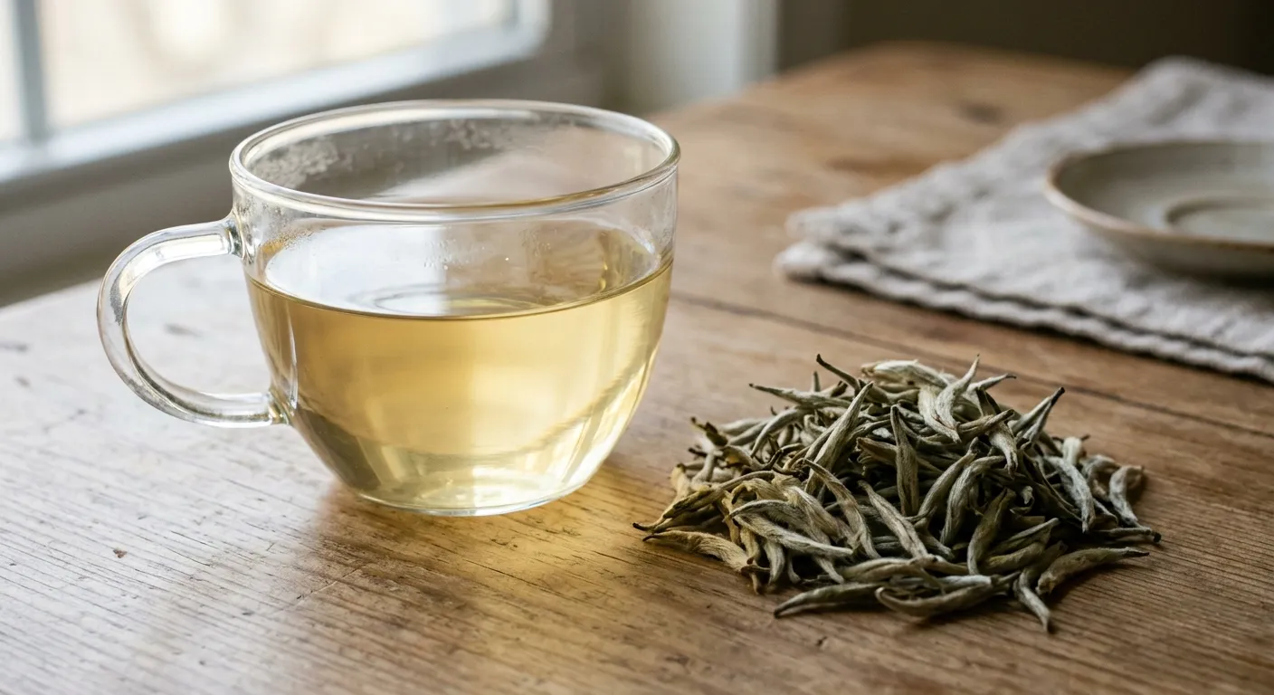A clear cup of pale yellow white tea beside dry buds showing why the liquor is not literally white