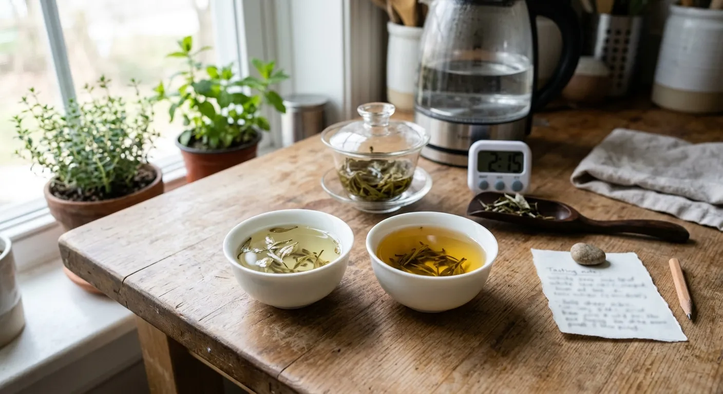 Two cups of white tea prepared differently to compare a grassy brew with a gentler infusion