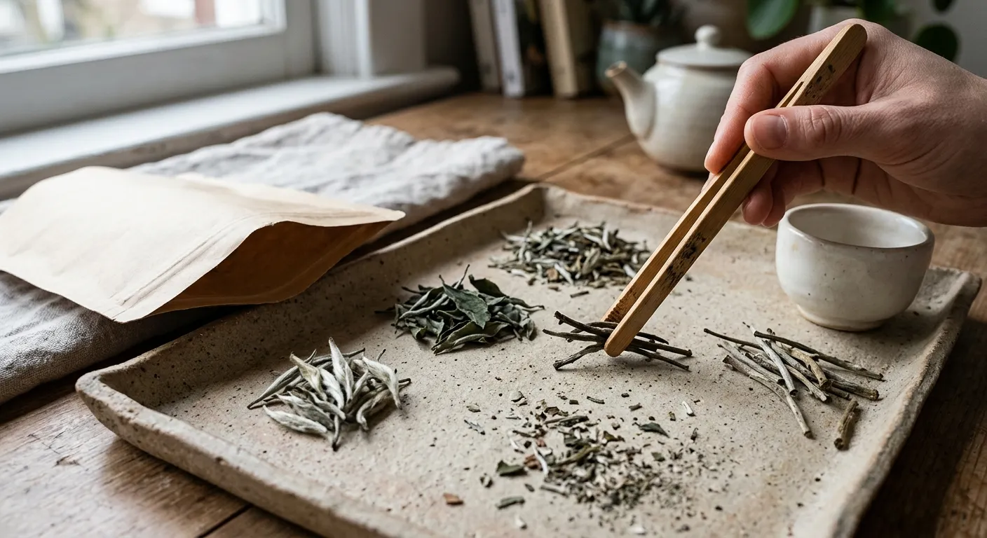 White tea leaves being checked for green color, broken pieces, dust, and storage odor clues before brewing