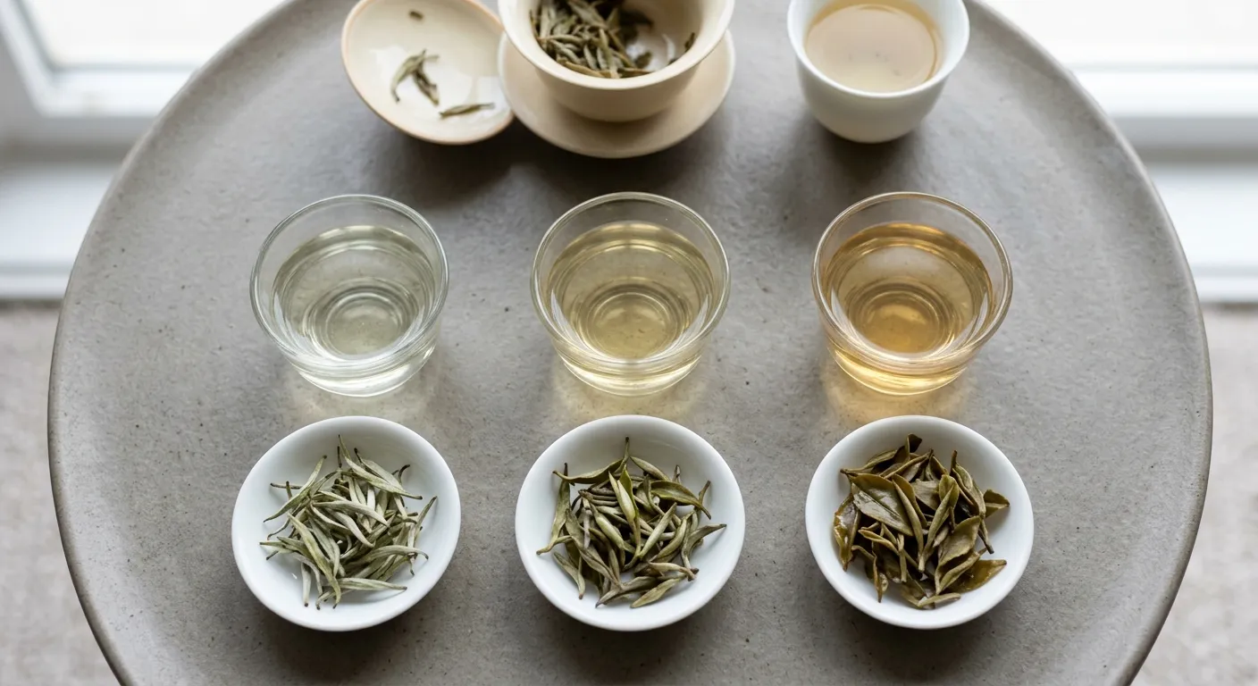 Several white tea infusions compared by color and opened leaves to show the difference between subtle flavor and watery extraction