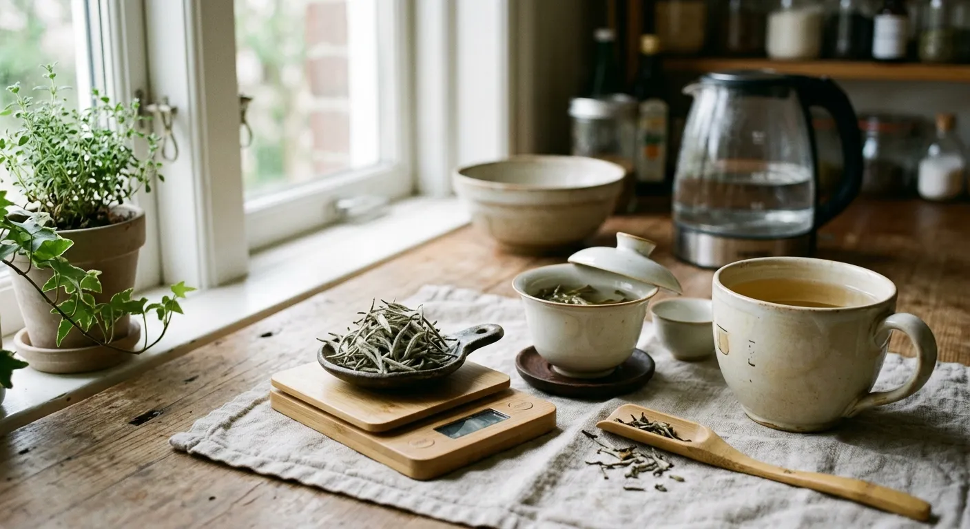 White tea leaves measured beside a small brewing vessel to show how weak flavor can come from too much water for the leaf amount